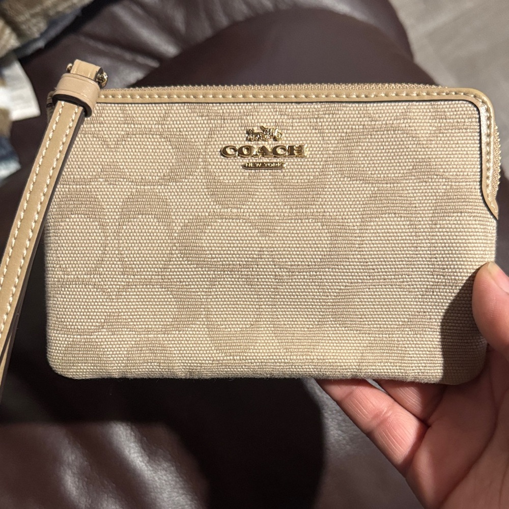 Coach Beige Signature Canvas Wristlet with Gold Logo